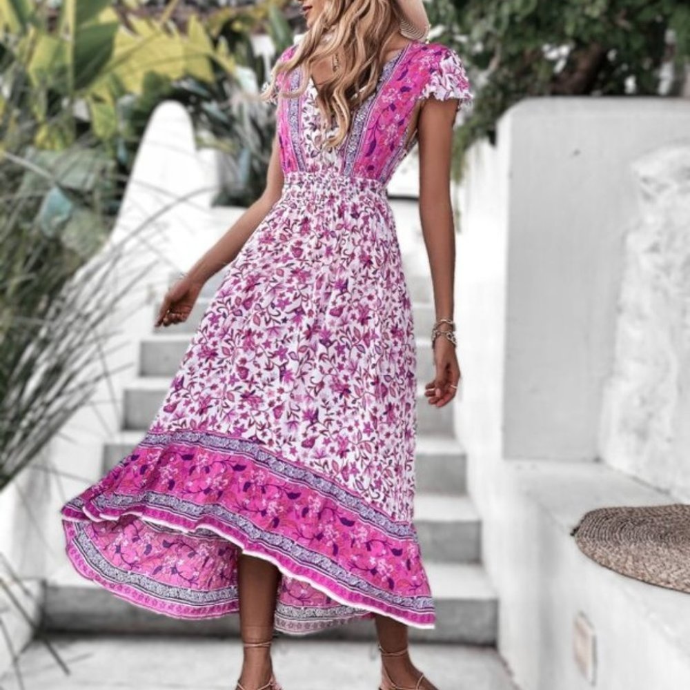 BOHO Floral Butterfly Sleeved Shirred waist Dress - Picture 2 of 6